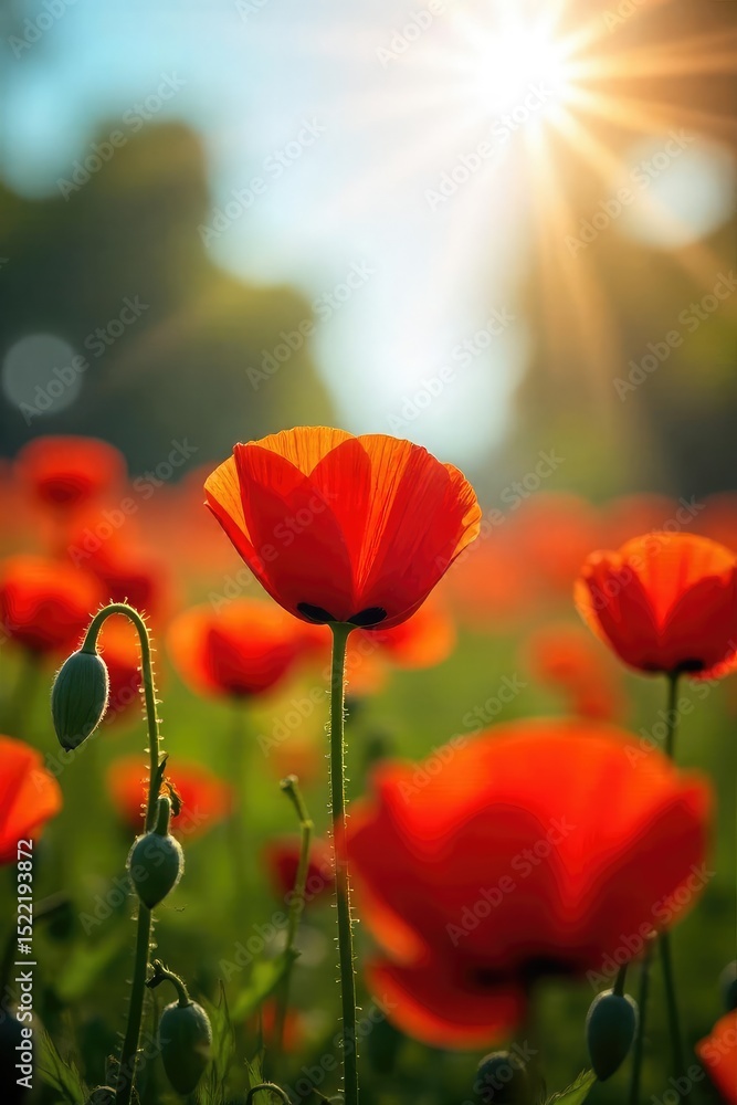 Obraz premium Vibrant red poppies bathed in warm sunlight, a field of bright blossoms on a clear day Perfect for summer, nature, and cheerful themes , wallpaper, plant, texture