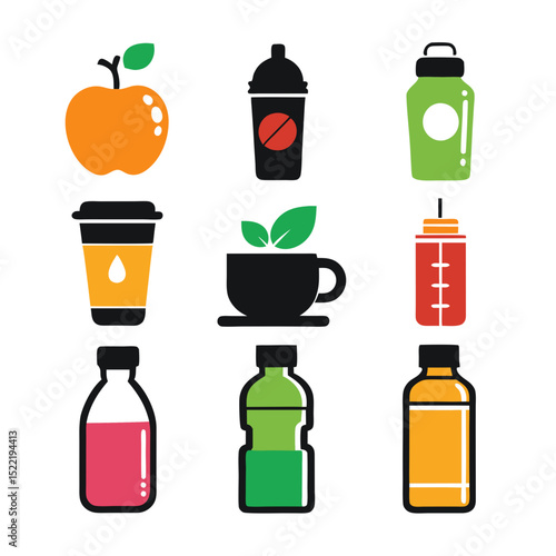 Variety of flat vector health drink and fruit icons