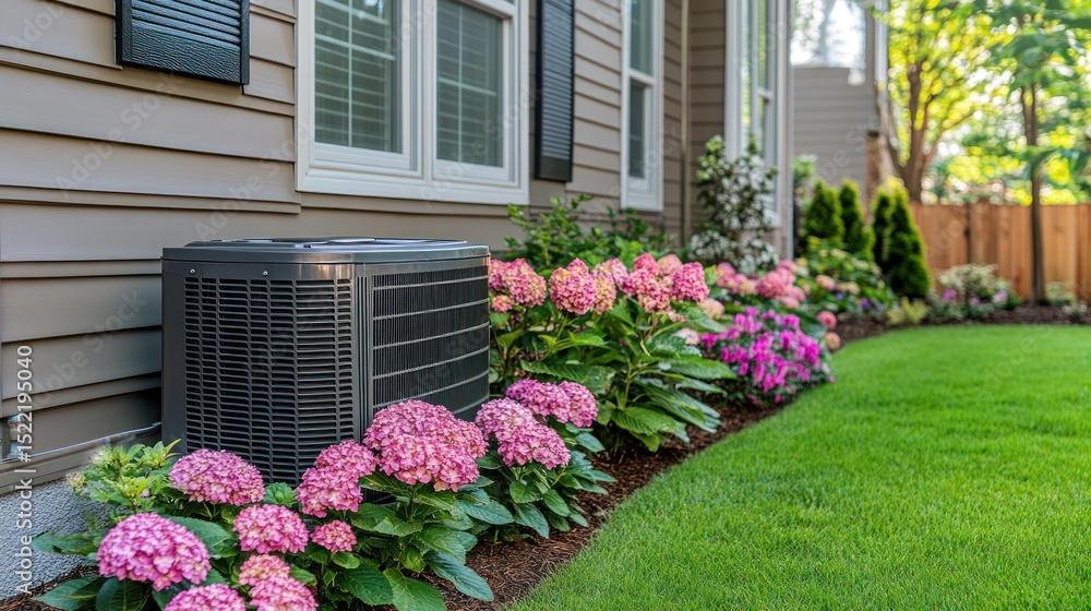 Fototapeta premium Home AC unit beside vibrant pink hydrangeas
