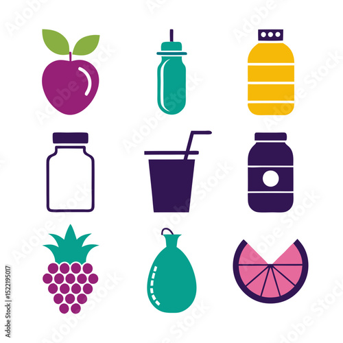 Collection of colorful fruit and container icons on white