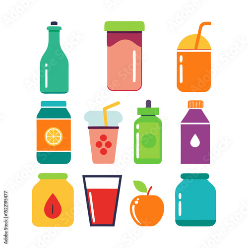 Colorful flat illustration of different drinks and ingredients