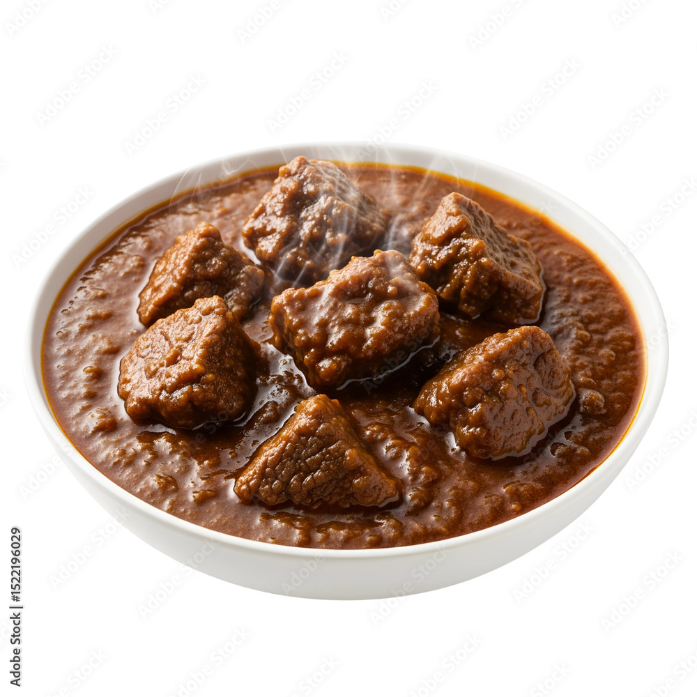 Obraz premium Steaming bowl of beef stew isolated on transparent background
