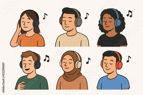 Vector Set People listening to music with headphones character set