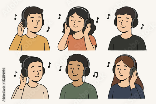 Vector Set People listening to music with headphones character set