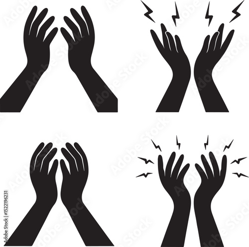 Four simple black silhouettes of hands showing different gestures.