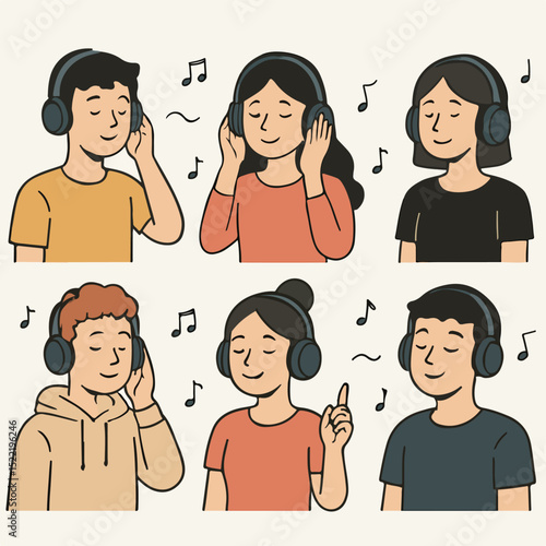 Vector Set People listening to music with headphones character set