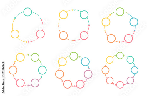 Six blank circle diagram templates - 3, 4, 5, 6, 7 and 8 parts, circle infographics set, vector eps10 illustration