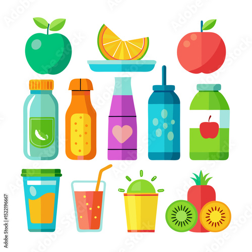 Bright flat vector illustration of fruit juices and smoothies