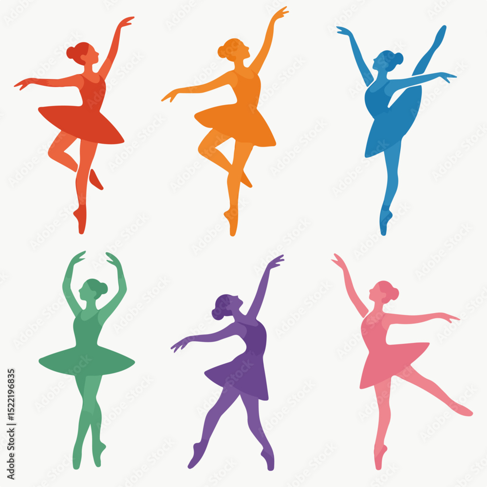 Fototapeta premium Graceful Ballerina Poses: A vibrant collection of illustrations showcasing elegant ballet dancers in mid-motion, each figure exquisitely rendered in a single color.