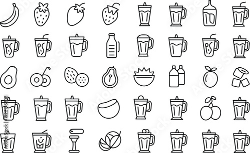 Fruit smoothie ingredients and drink line art icon collection design