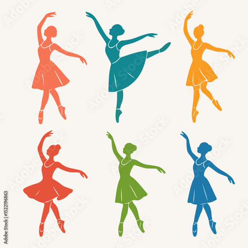 Set Graceful Ballerina Poses: A vibrant collection of illustrations showcasing elegant ballet dancers in mid-motion, each figure exquisitely rendered in a single color