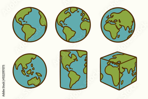 Earth globes: A collection of varied earth globes showcasing the planet's shape and forms, from spheres to a cube, presented in a colorful illustration suitable for educational or design projects.