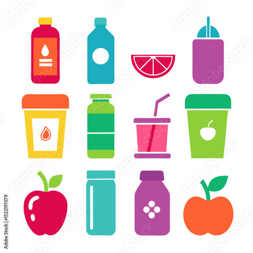 Flat vector illustration of healthy drinks and food icons