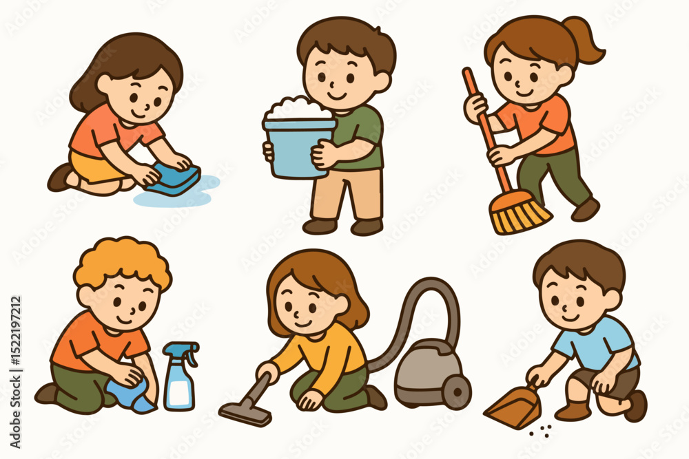 Set Vector Cleaning with Care: A delightful illustration captures the essence of cleanliness as depicted by six cute children engaged in various household chores. The scene radiates warmth, joy. Set Vector Cleaning with Care: A delightful illustration captures the essence of cleanliness as depicted by six cute children engaged in various household chores. The scene radiates warmth, joy.