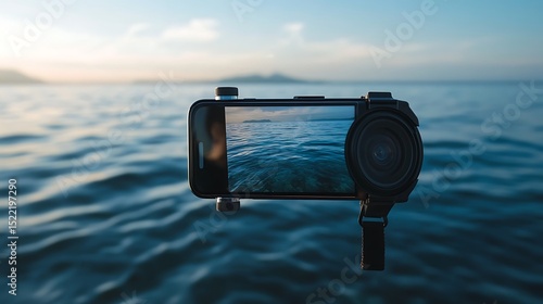 Fototapeta Naklejka Na Ścianę i Meble -  Smartphone with Camera Lens Attachment Taking of Ocean During Sunset at Sea