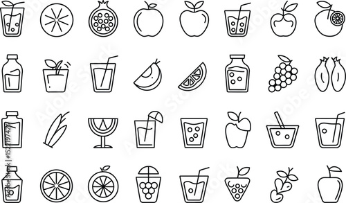 Fruits and drinks outline icons collection fresh healthy food juice