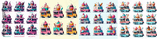 Set Vector Mobile Dessert Delights: Capturing the vibrant essence of a charming food truck. It's designed to create an instant craving for a delightful treat.
