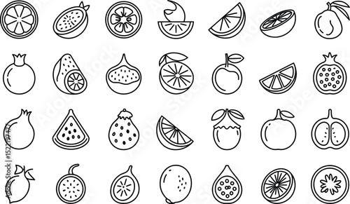 Outlined fruit icons set featuring oranges pomegranates figs and more