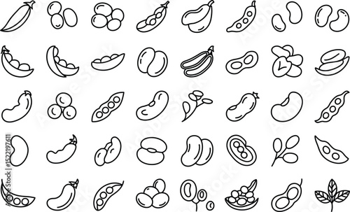 Seamless pattern of various beans and legumes line art food illustration