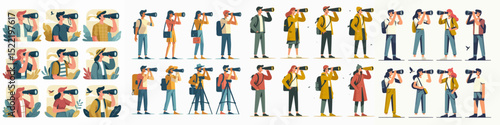 Vector Set People looking through binocular's discovery outdoors