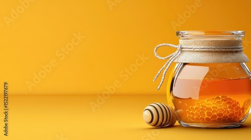 Golden honeycomb inside a clear container on a warm yellow background. Food packaging, green options, nutritious eating, organic items. Space for text, blank area for custom copy.