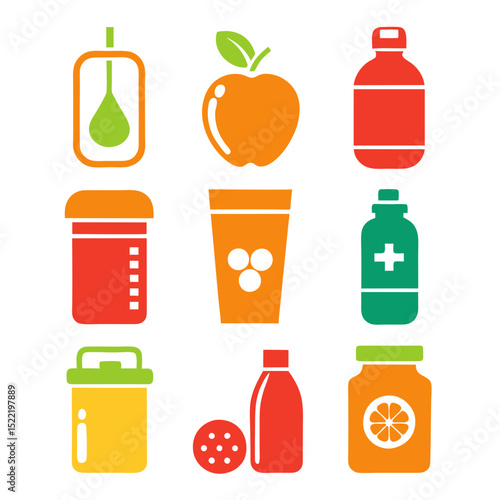 Assorted healthy foods and medication icons in vibrant colors