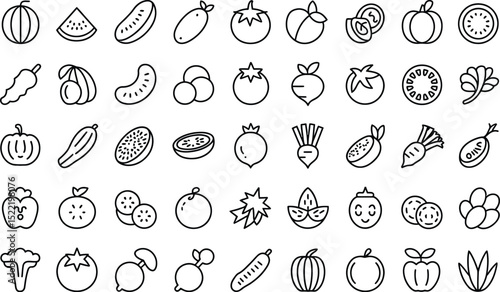Vegetables and fruits line art icon set fresh produce outline icons collection