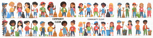 Community Clean Up: Colorful Illustration depicting a diverse group of kids taking part in a community clean up. Their smiles and actions communicate enthusiasm and dedication. 
