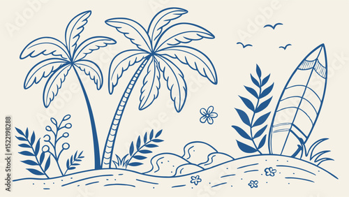 Tropical Beach Scene with Palm Trees and Surfboard