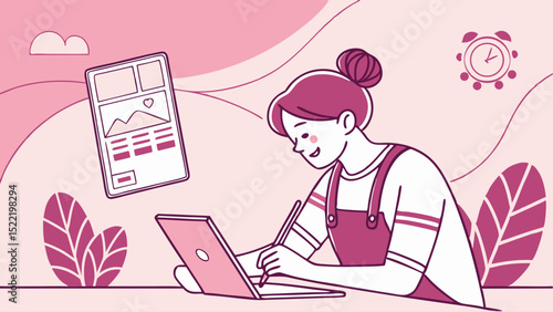 Young Woman Using Laptop for Graphic Design Work