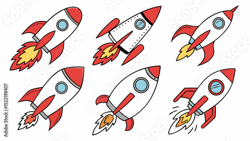 Six Cartoon Rockets in Flight, Red and White Design