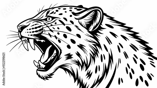 Roaring Snow Leopard Head, Black and White Illustration