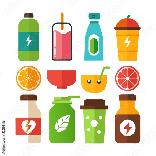 Flat vector illustration of assorted healthy drinks and fruits