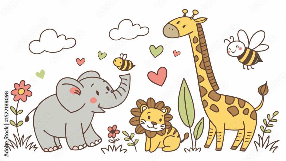 Obraz premium Cute Cartoon Animals: Elephant, Lion, Giraffe, and Bee Illustration