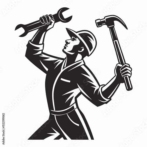 Skilled Worker Holding Wrench and Hammer