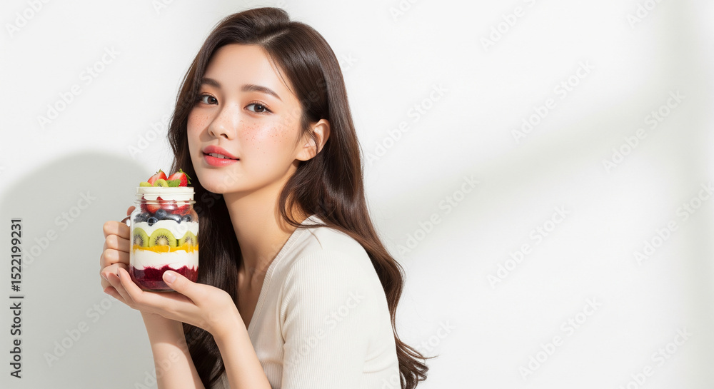 Young Woman Holding a Fruit and Yogurt Parfait Jar Young Woman Holding a Fruit and Yogurt Parfait Jar