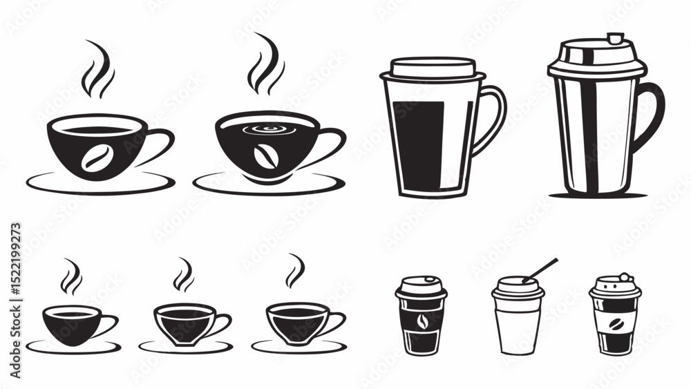 Fototapeta premium Various Black and White Coffee Cups and Mugs Illustrations
