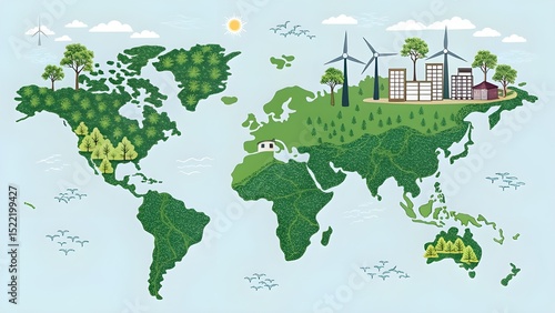 A World Map Illustration Depicting Lush Green Foliage, Sustainable Cities, and Renewable Energy