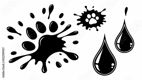 Black Ink Splatter with Paw Print and Droplets