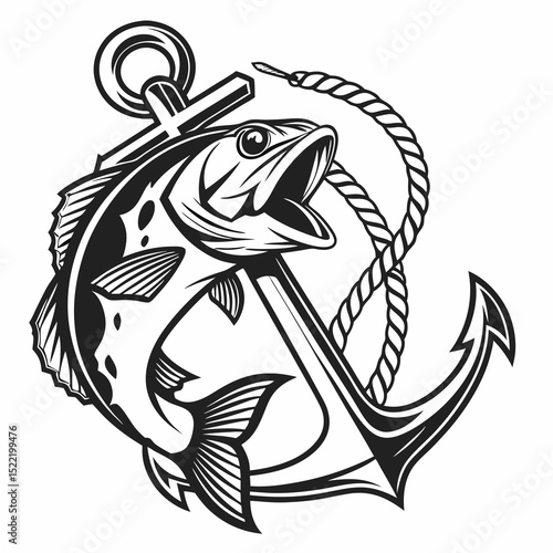 Detailed Black and White Illustration of Fish and Anchor