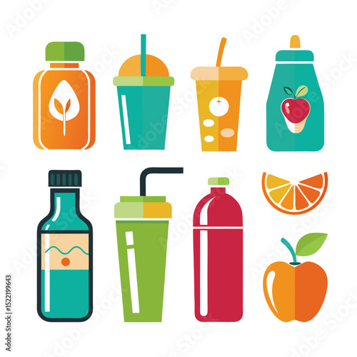 Colorful assortment of fresh juice and fruits vector illustration