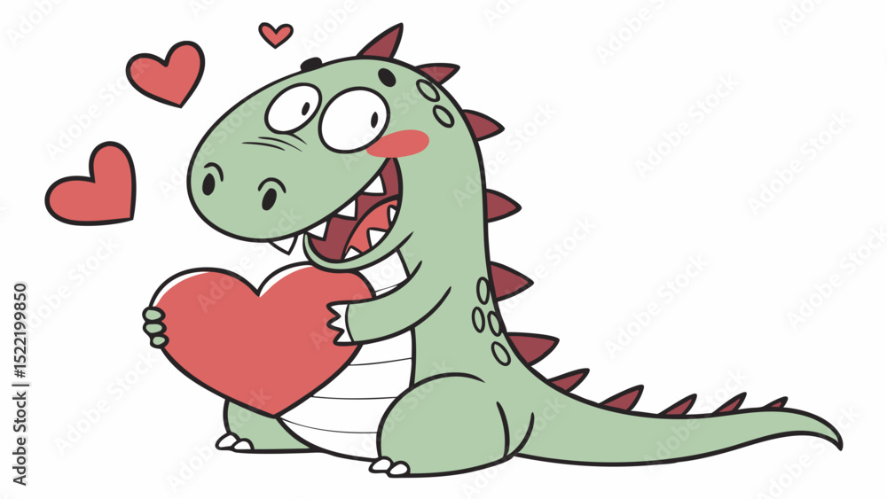 Obraz premium Cartoon Dinosaur Holding a Heart with Floating Hearts