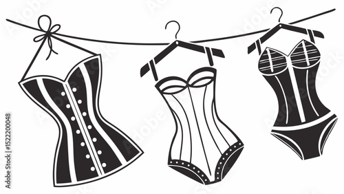 Three Black and White Corsets Hanging on a Line