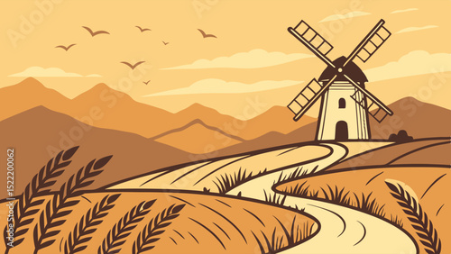 Rustic Windmill in Golden Wheat Fields and Rolling Hills