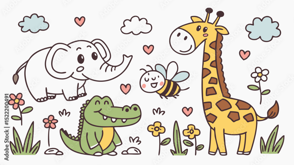 Obraz premium Adorable Cartoon Animals: Elephant, Giraffe, Crocodile, and Bee