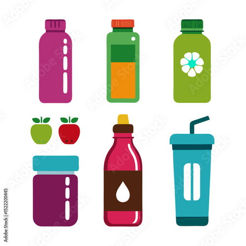 Assortment of colorful beverage bottles and containers illustration