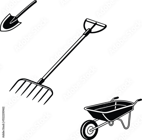 Gardening Tools Set: Shovel Rake Wheelbarrow Icons for Landscaping Design