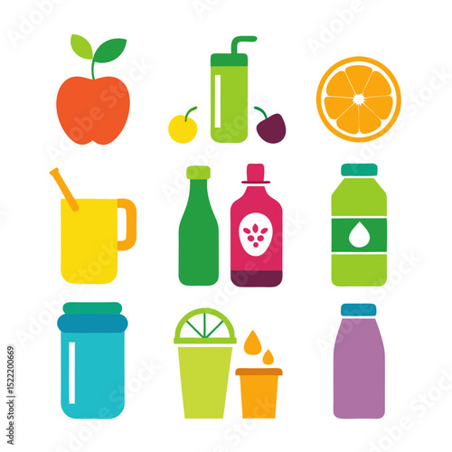 Bright healthy beverages and fruit graphic collection on white