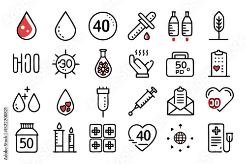 Single line icon depicting blood donation blood drop symbol and related elements