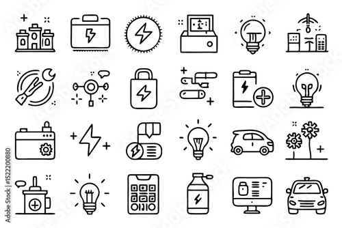 High quality line icons depicting battery charging energy and power recharge processes
